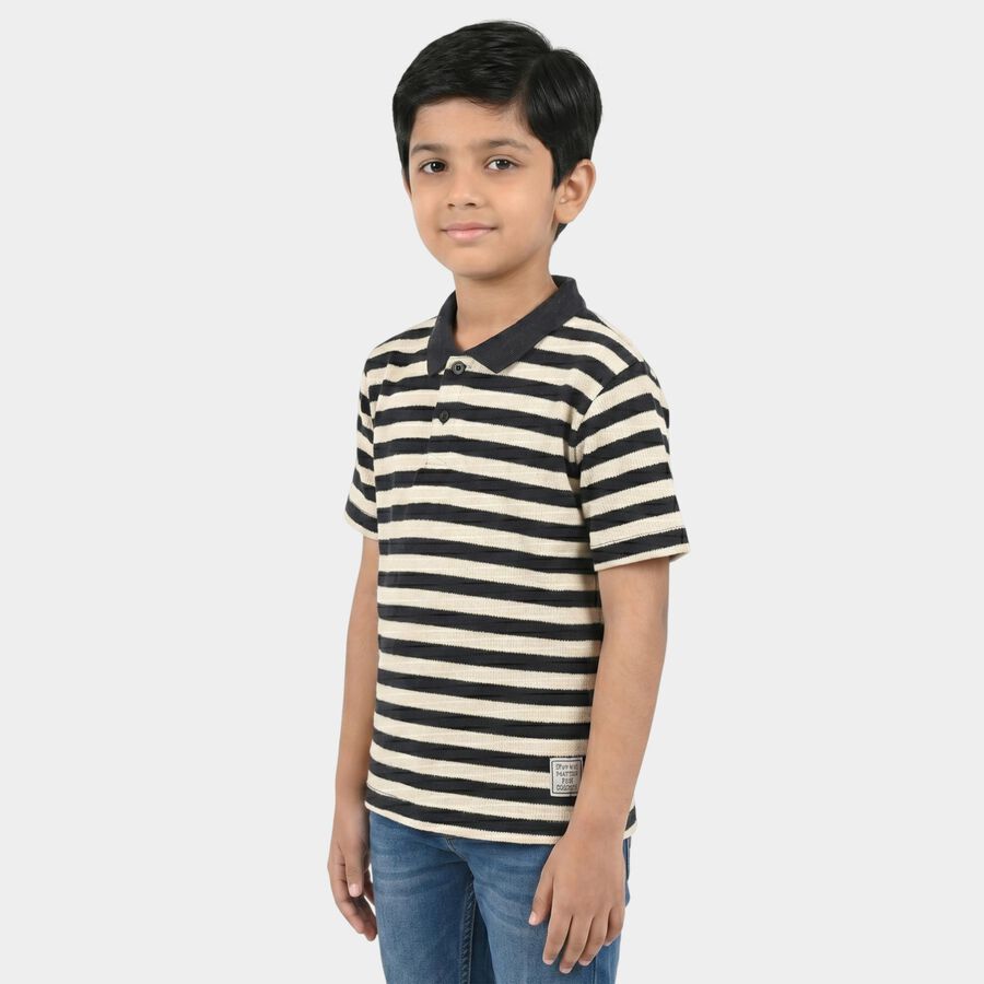 Boys' Navy Blue Polo Neck Striped Polo T-Shirt, Navy Blue, large