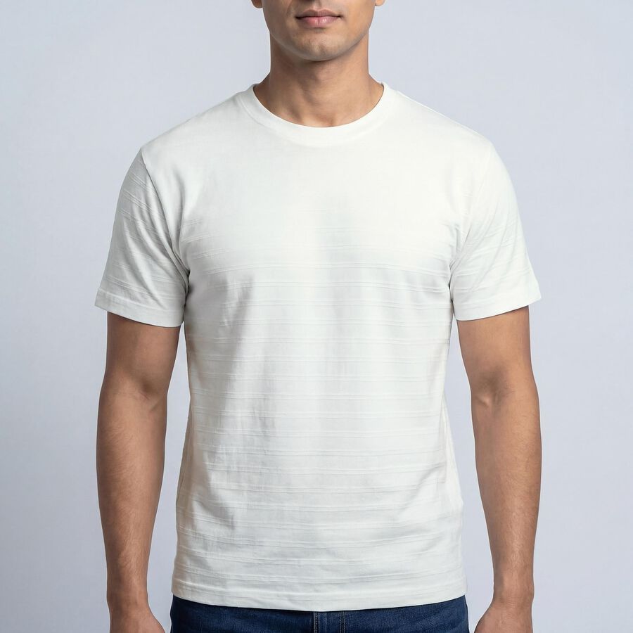 Men's White Round Neck Casual Printed T-Shirt, सफ़ेद, large