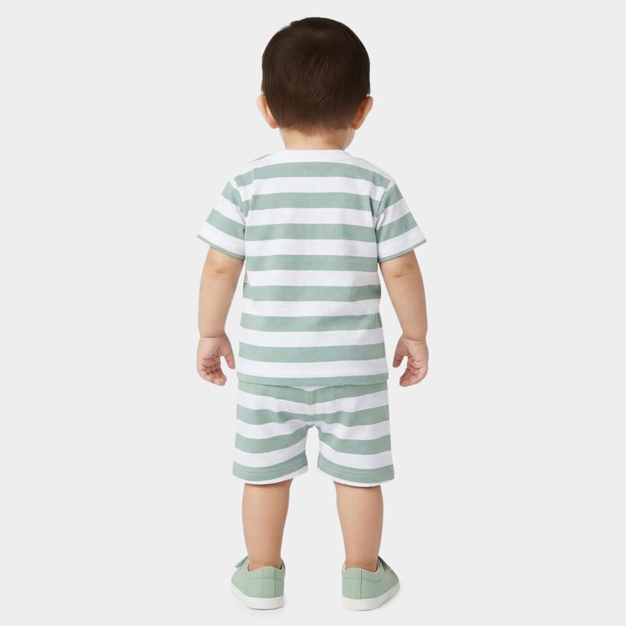 Infants' Mint Green Cotton Round Neck Striped Baba Suit, हल्का हरा, large