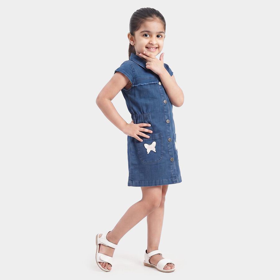 Girls' Blue Fit and Flare Butterfly Applique Denim Frock, मध्यम नीला, large