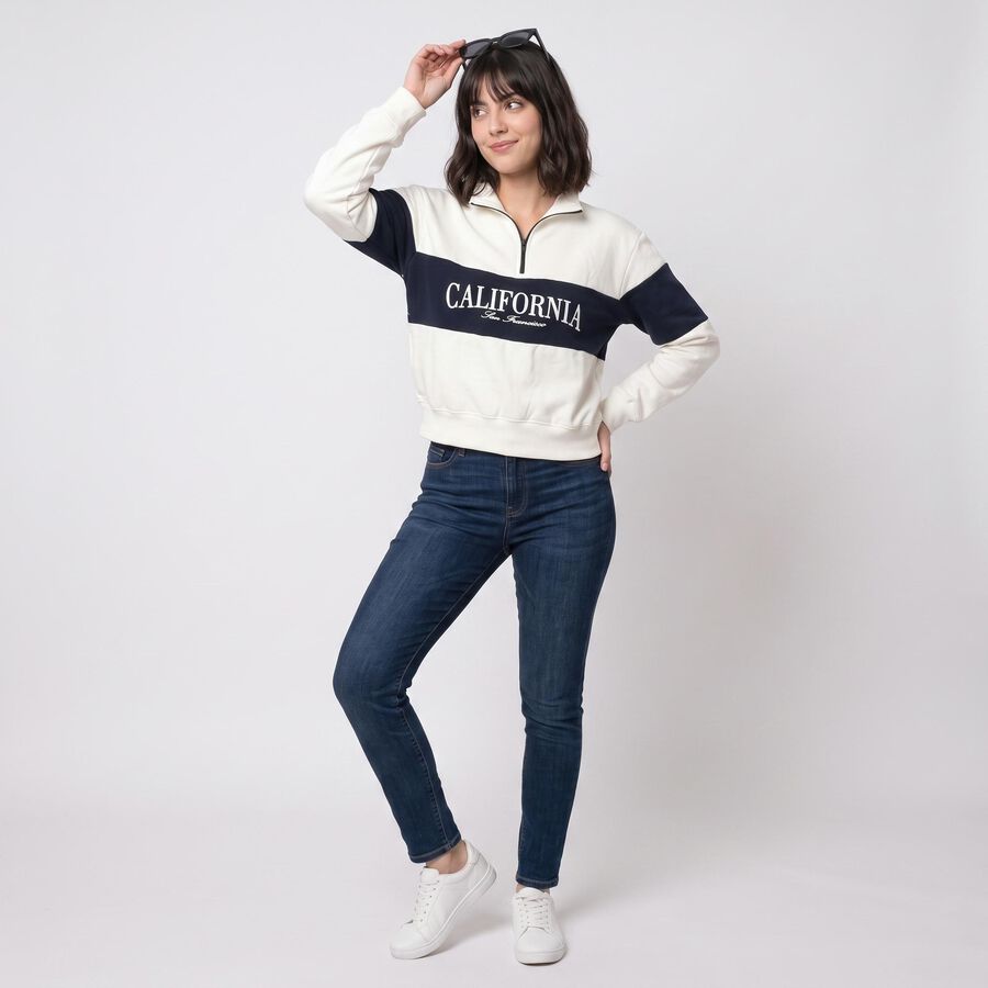 Women Cream High Neck Half-Zip Graphic Print Sweatshirt, Off White, large
