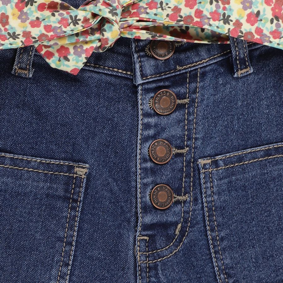 Girls' Deep Indigo Straight Fit Floral Belt Jeans, Mid Blue, large image number null