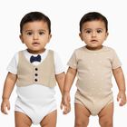 Infants' Light Beige and White Cotton Round Neck Classic Bodysuit Set, गहरा पीला, small image number null