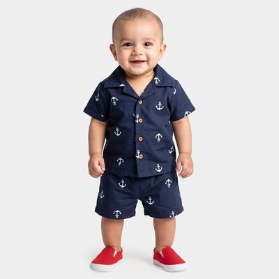 Infants' Navy Blue Cotton Collar Neck Anchor Printed Baba Suit