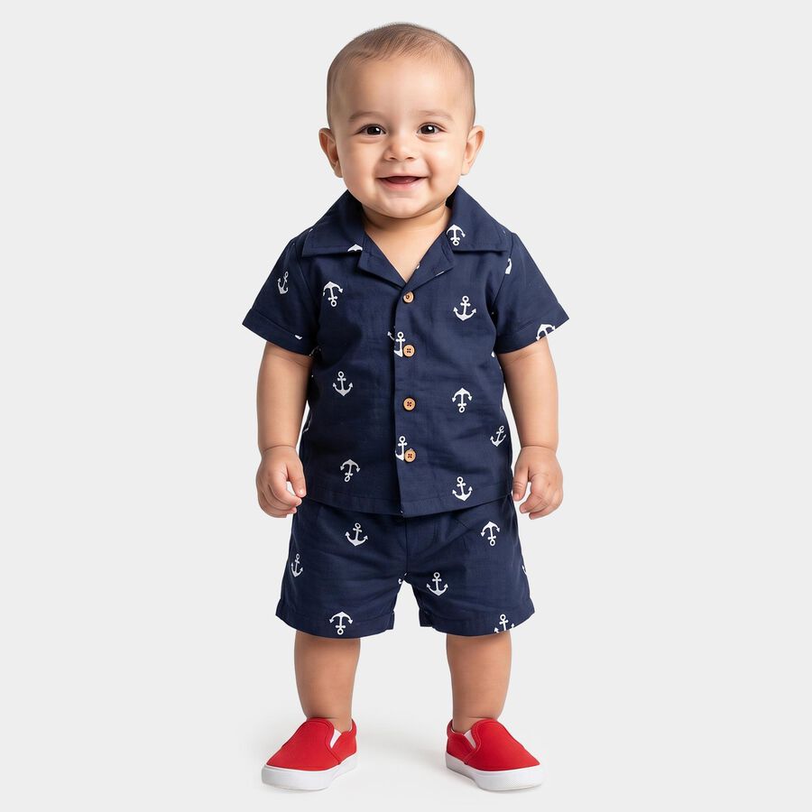 Infants' Navy Blue Cotton Collar Neck Anchor Printed Baba Suit, Navy Blue, large