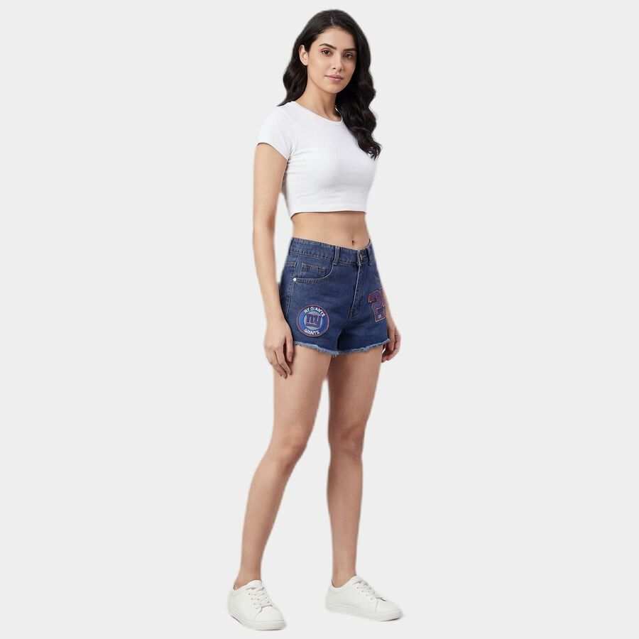 Women's Blue Regular Fit High-Rise Denim Shorts, मध्यम नीला, large