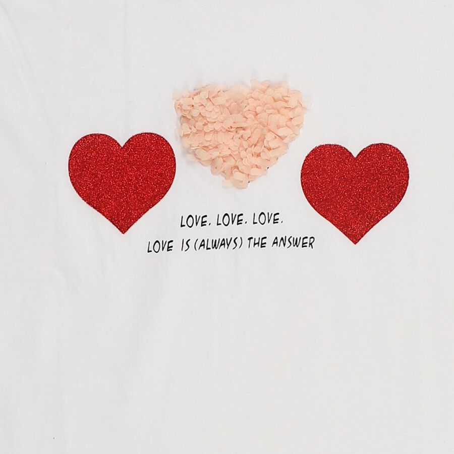 Girls White Cotton Round Neck Ruffle Sleeve Graphic T-Shirt, White, large image number null