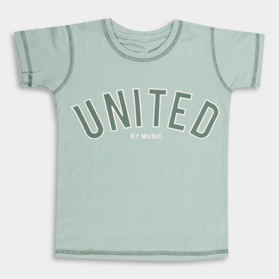 Boys Mint Green Cotton Crew Neck Graphic T-Shirt, एक्वा, large