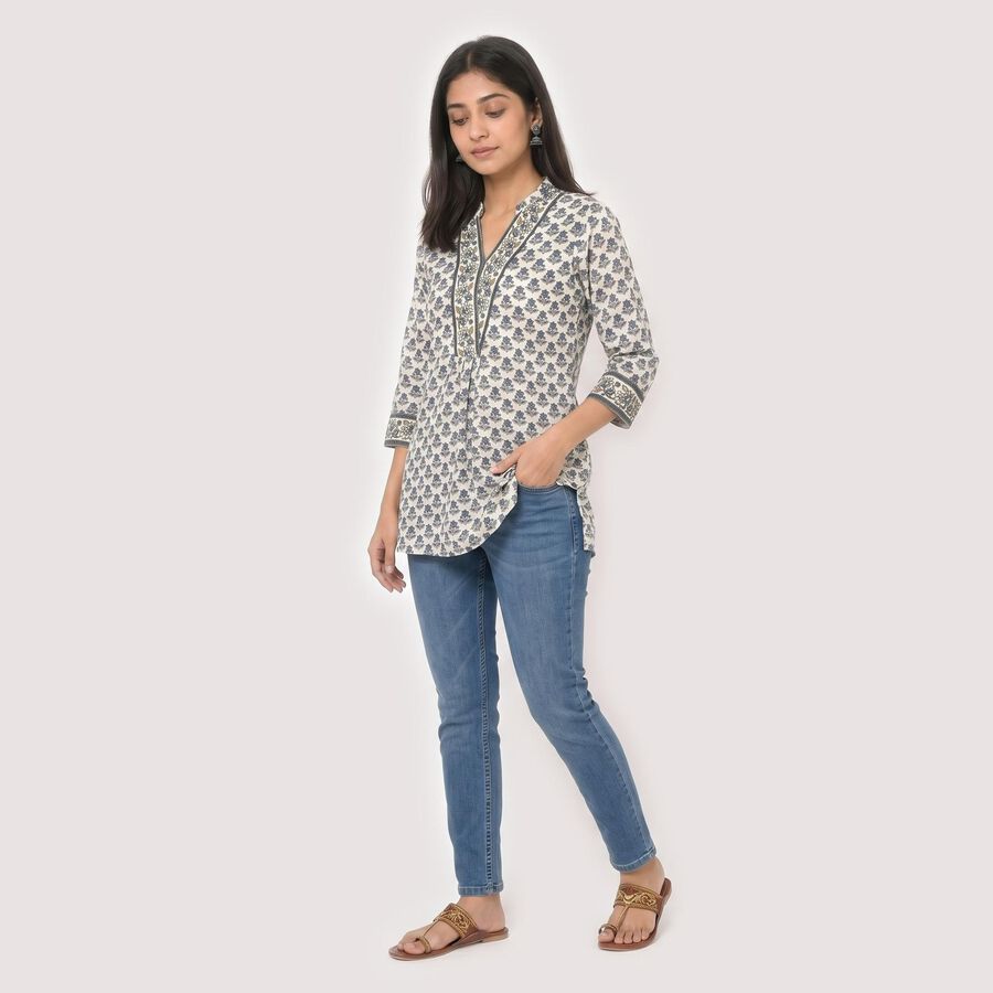 Women's Cream Notch Neck Floral Printed Kurti, Off White, large