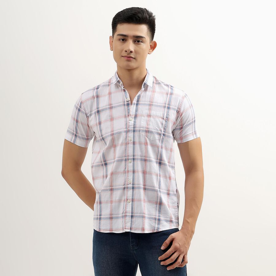 Men's White Cotton Regular Collar Checked Casual Shirt, Pink, large