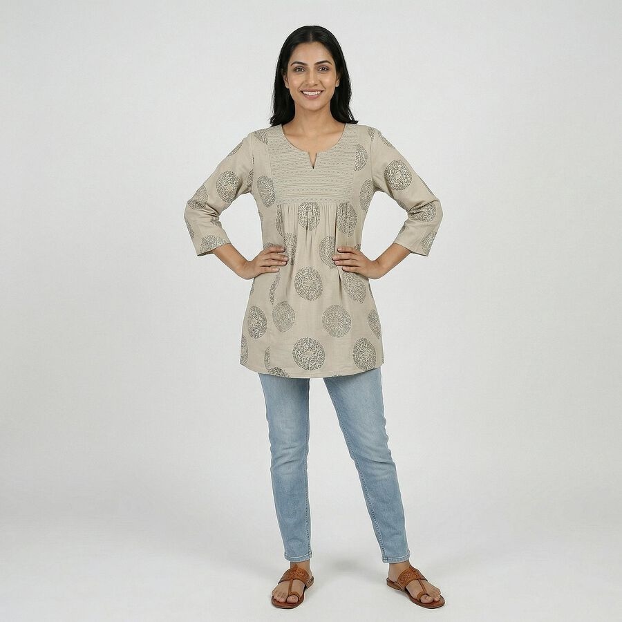 Women's Beige Round Neck Solid Kurti, Beige, large