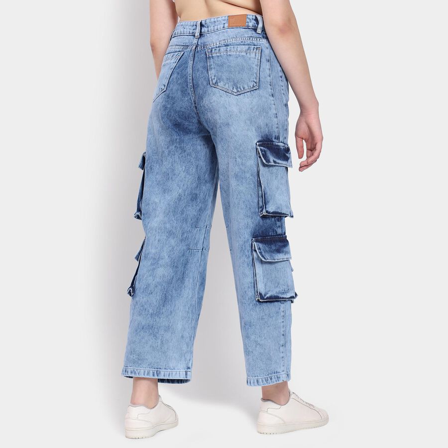 Ladies' 100% Cotton Jeans, मध्यम नीला, large