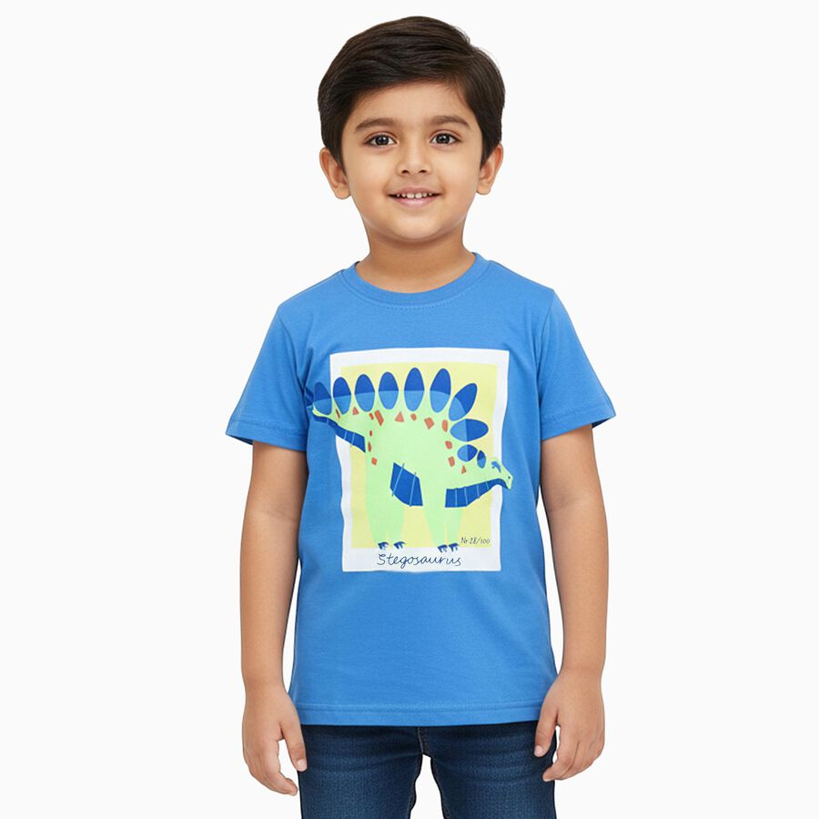 Boys Bright Sky Blue Cotton Round Neck Casual T-Shirt, Mid Blue, large image number null