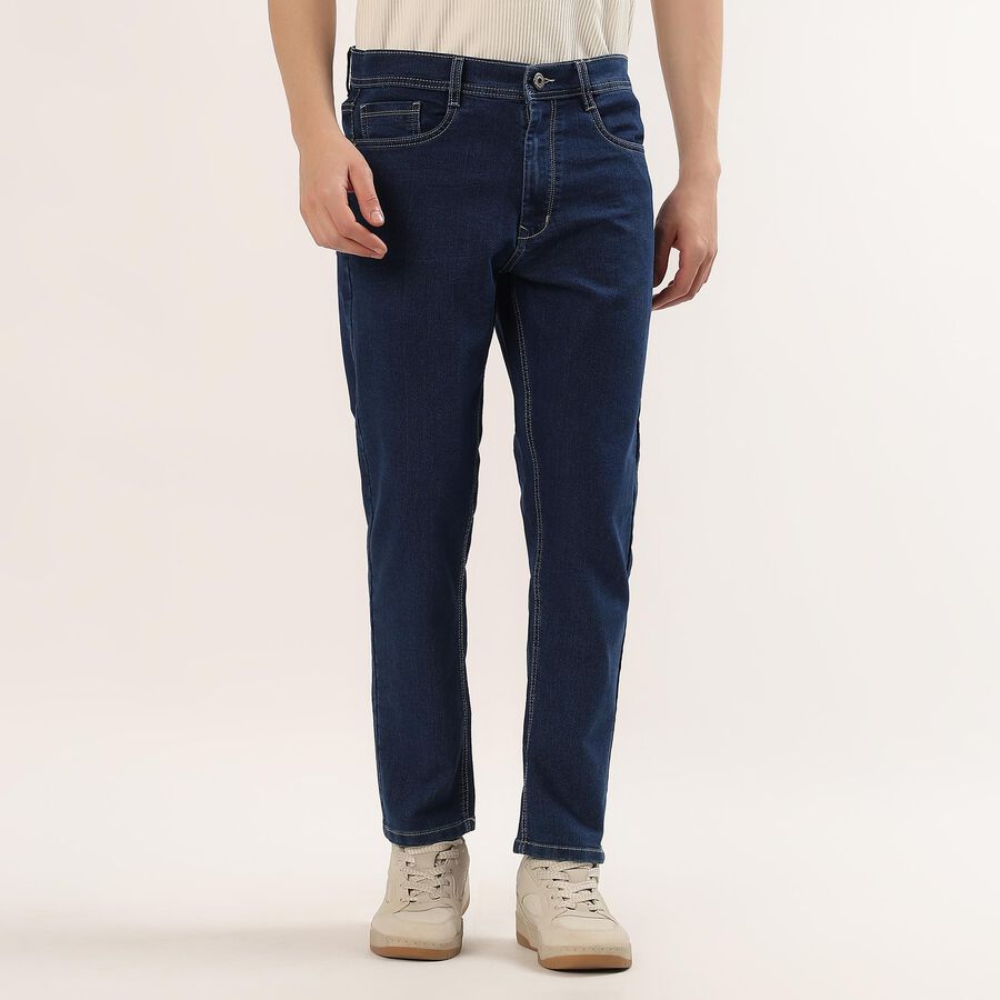 Men's Blue Slim Fit Washed Jeans, Dark Blue, large