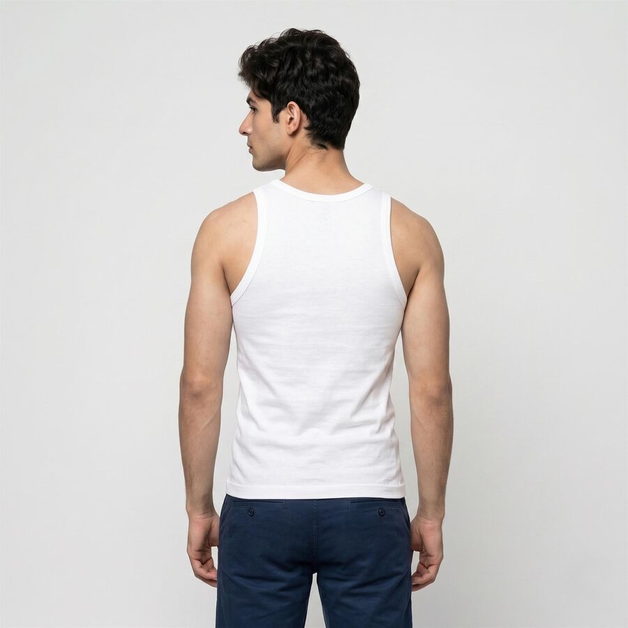 Men's White Cotton Round Neck Sleeveless Vest, सफ़ेद, large