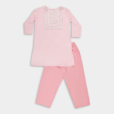 Girls' Soft Baby Pink Embroidered Chevron Kurta and Pant Fusion Set