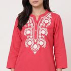 Women's Coral Cotton Notch Neck Embroidered Kurti, मूँगा (कोरल), small