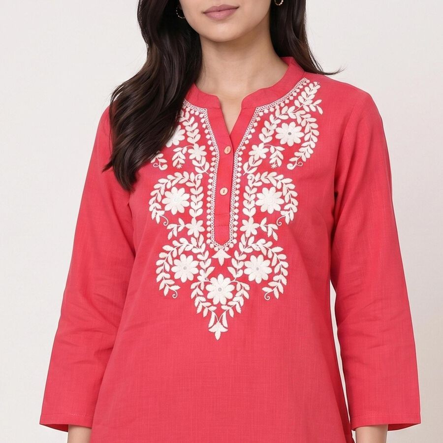 Women's Coral Cotton Notch Neck Embroidered Kurti, मूँगा (कोरल), large