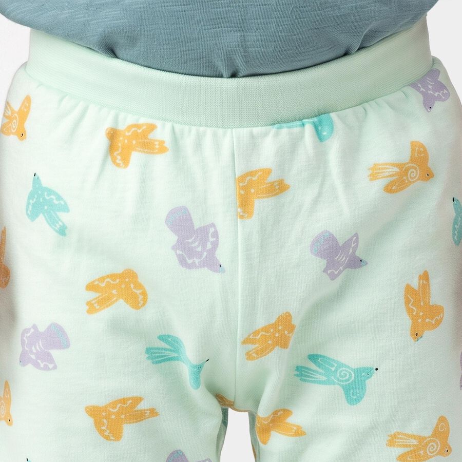 Infants' Mint Green Jogger Fit Bird Printed Cotton Pyjama, हल्का हरा, large