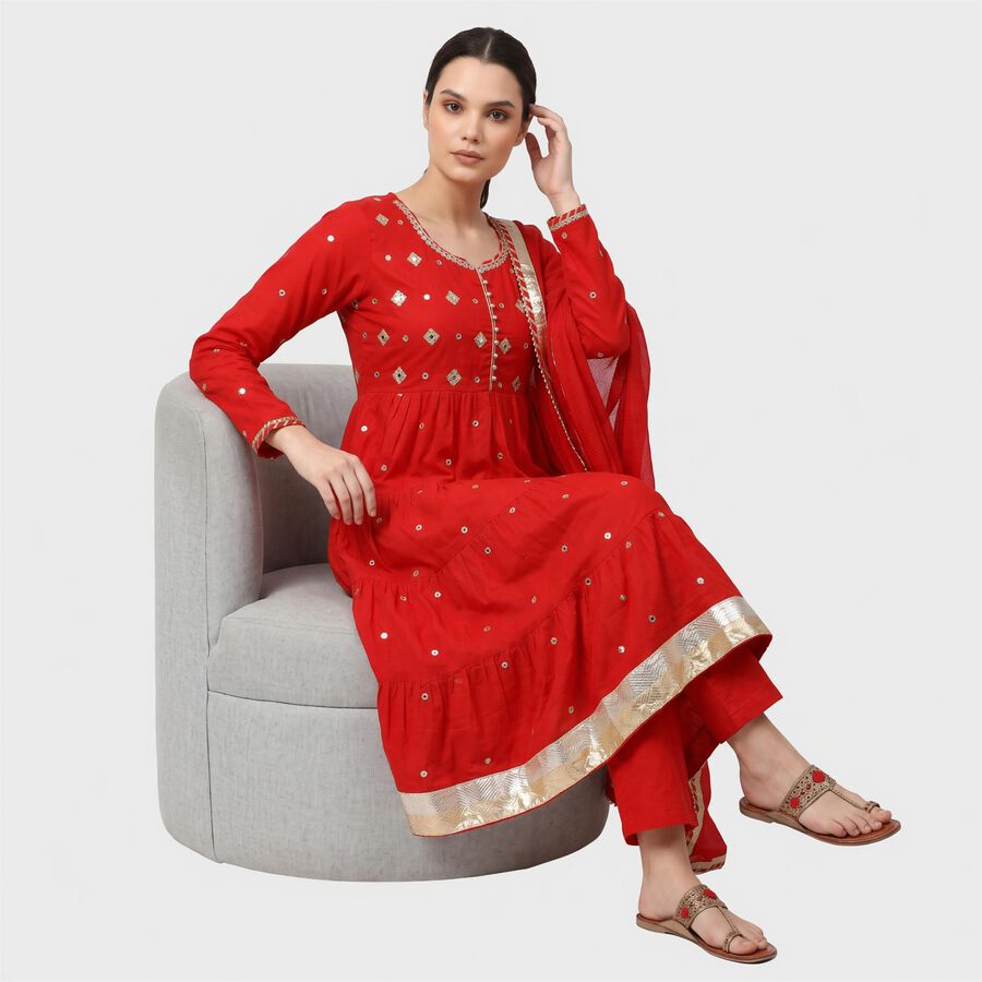 Women's Red Cotton Round Neck Embellished Flared Kurta, Red, large