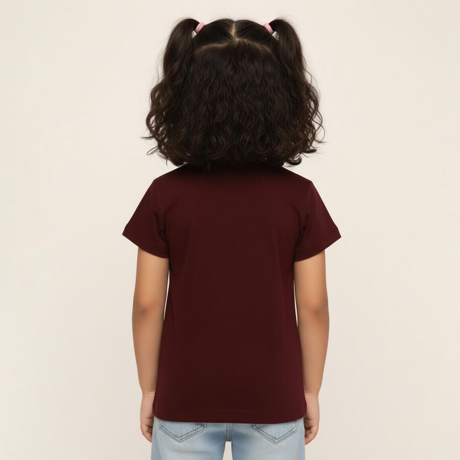 Girls' Burgundy Cotton Round Neck Graphic T-Shirt, Wine, large image number null