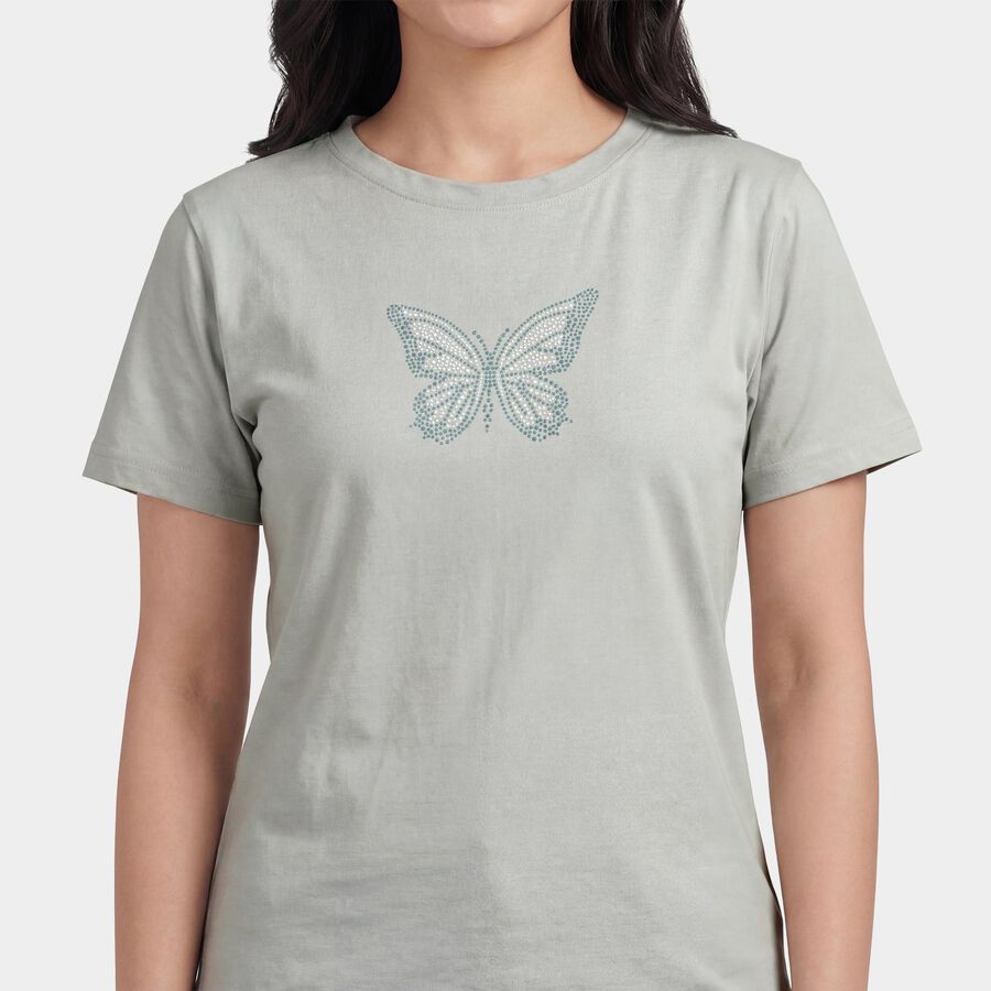 Women's Mint Green Round Neck Graphic T-Shirt, Light Green, large