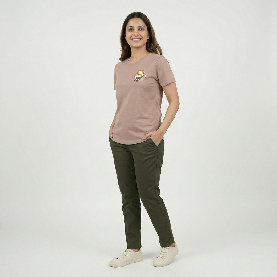 Women's Brown Cotton Round Neck Casual T-Shirt, Brown, large