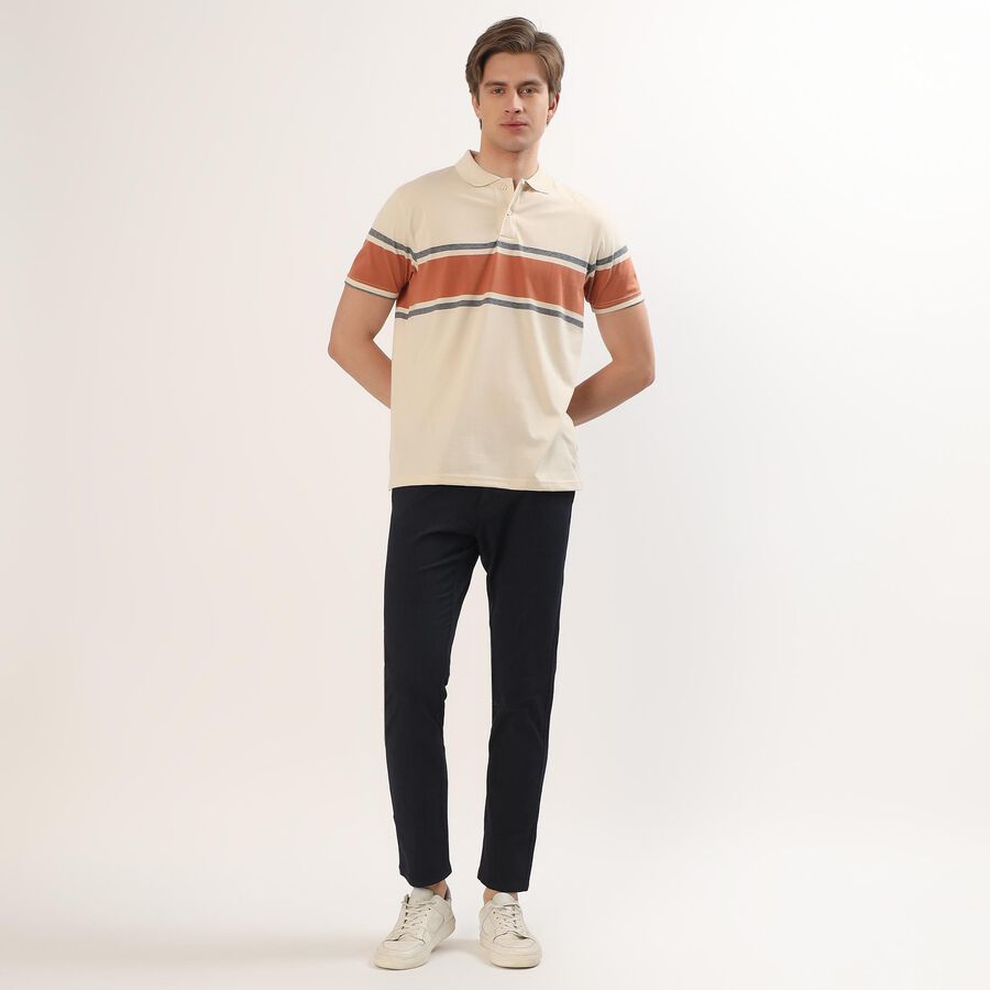 Men's Beige and Orange Polo Neck Striped T-Shirt, Off White, large