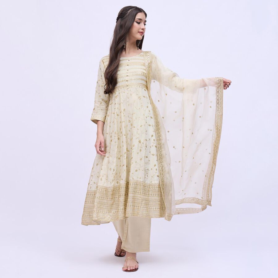 Women's Soft Ivory Round Neck Embroidered Anarkali Kurta, Beige, large image number null