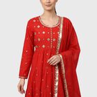Women's Red Cotton Round Neck Embellished Flared Kurta, Red, small