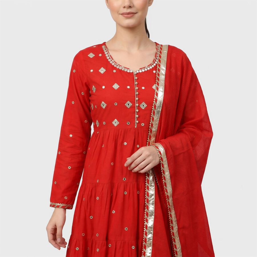 Women's Red Cotton Round Neck Embellished Flared Kurta, Red, large