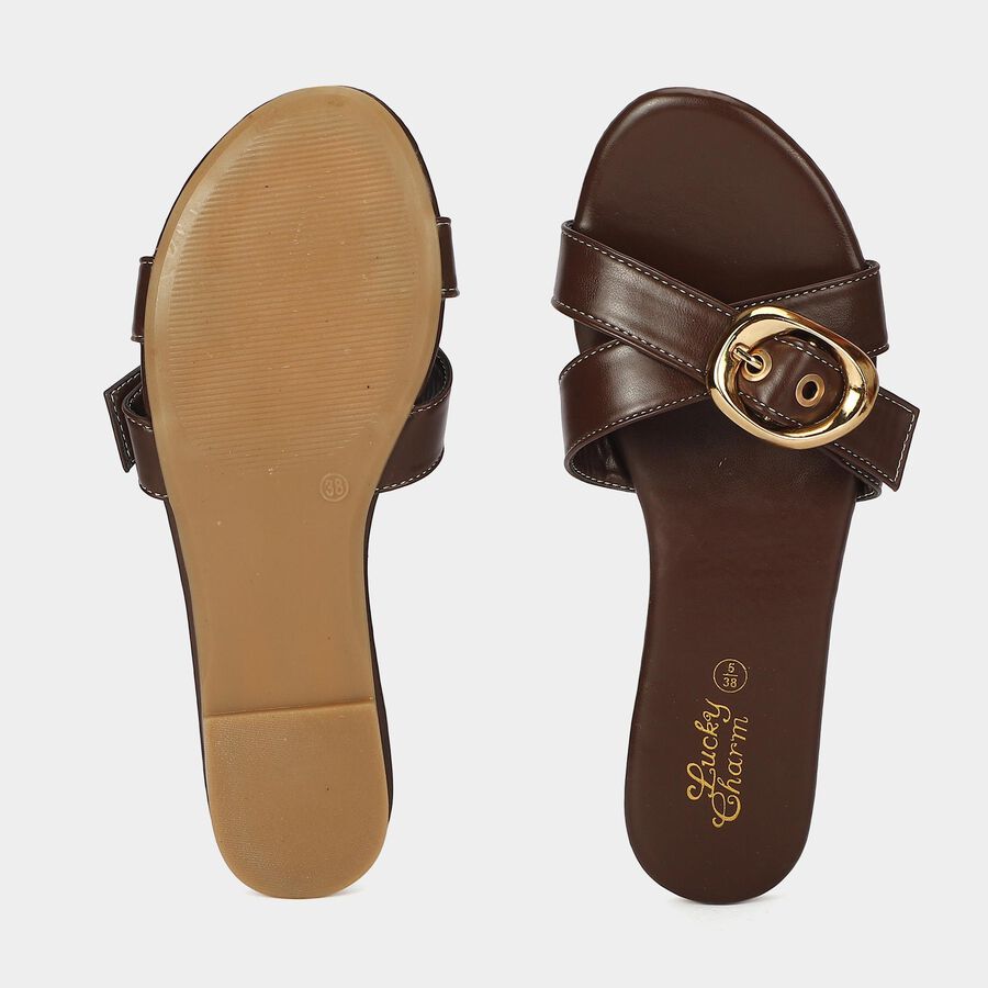 Women's Brown Buckle Strap Slide Sandals, भूरा, large