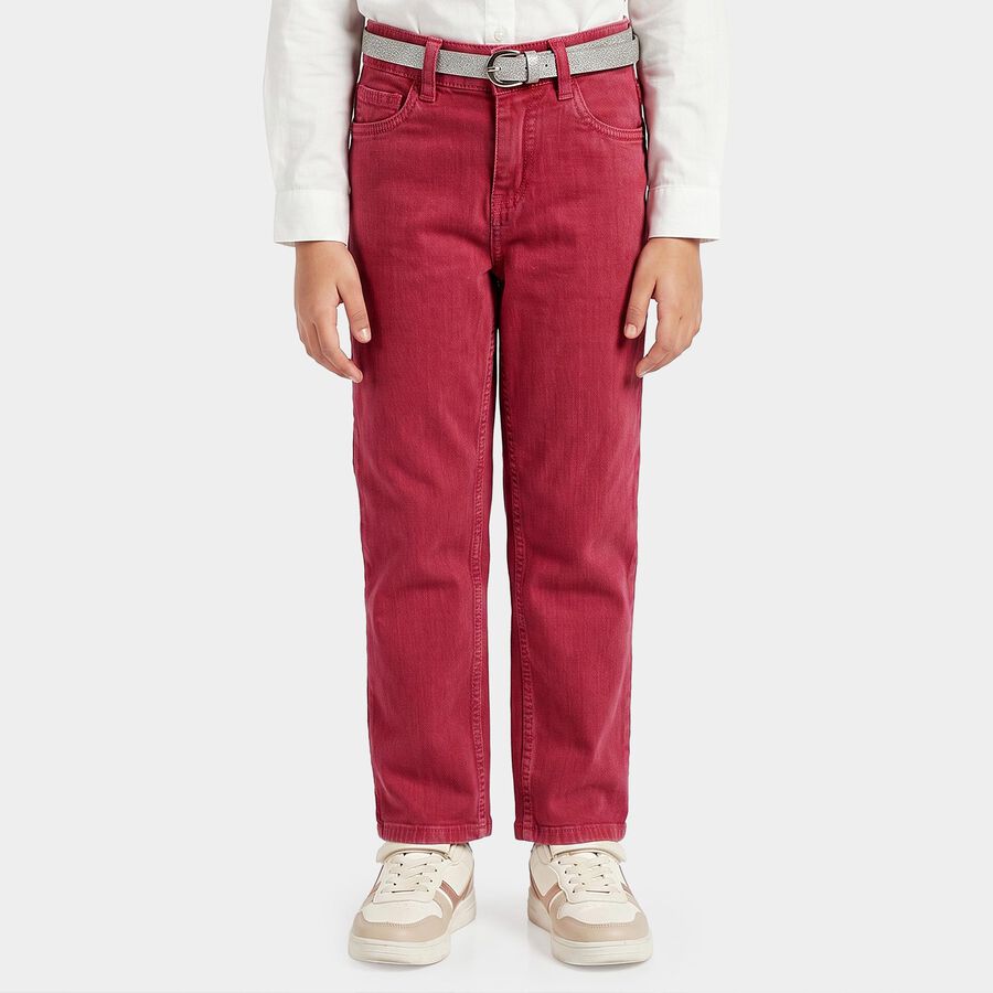 Girls Pink Straight Fit Solid Jeans, Pink, large