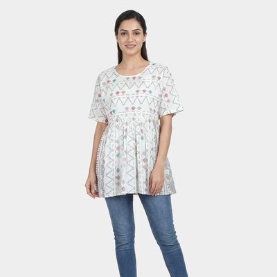 Women's White Notch Neck Self Design Straight Kurti