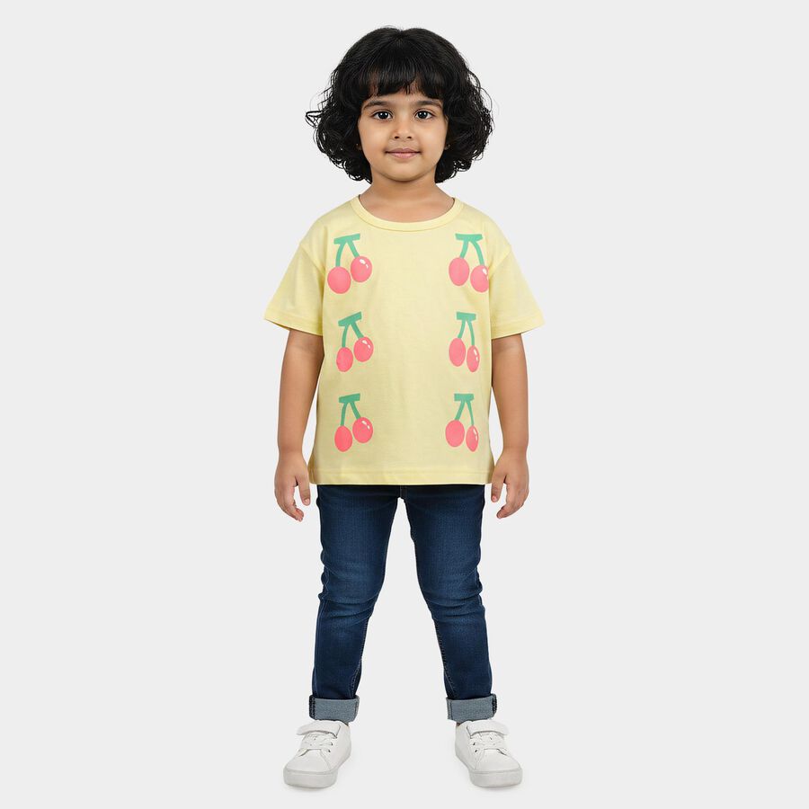 Girls Yellow Cotton Round Neck Casual T-Shirt, Yellow, large