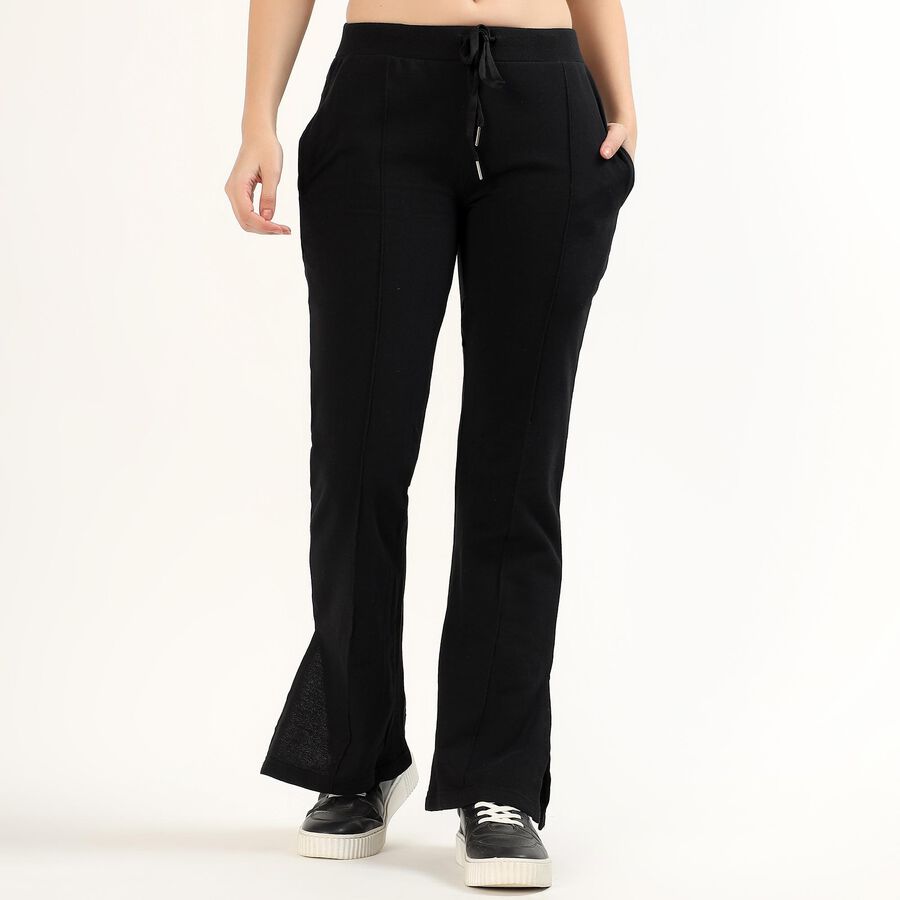 Women's Jet Black Flared Fit Side-Slit Track Pants, काला, large image number null