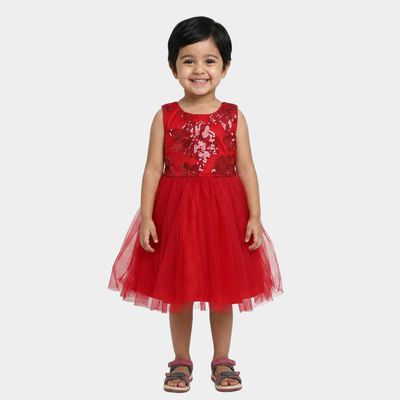 Girls' Red Sequin Bodice Fit and Flare Frock