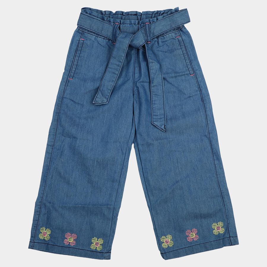 Girls Blue Wide Leg Embroidered Jeans, Mid Blue, large