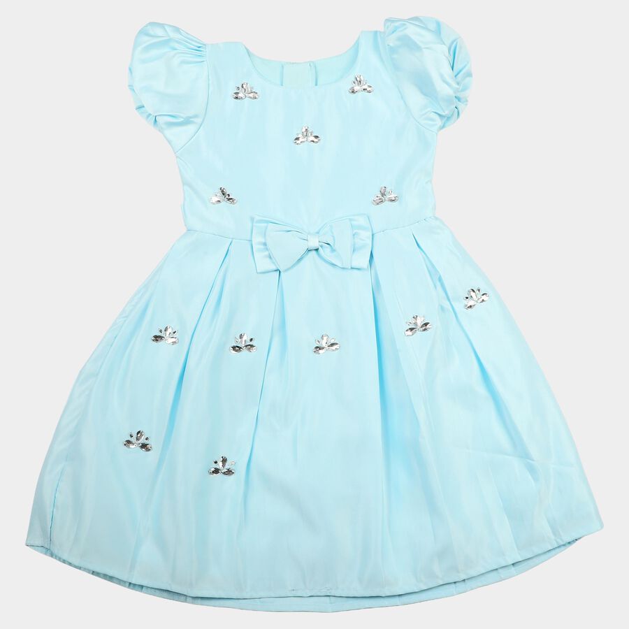 Girls' Aqua Fit and Flare Embellished Bow Detail Frock, एक्वा, large
