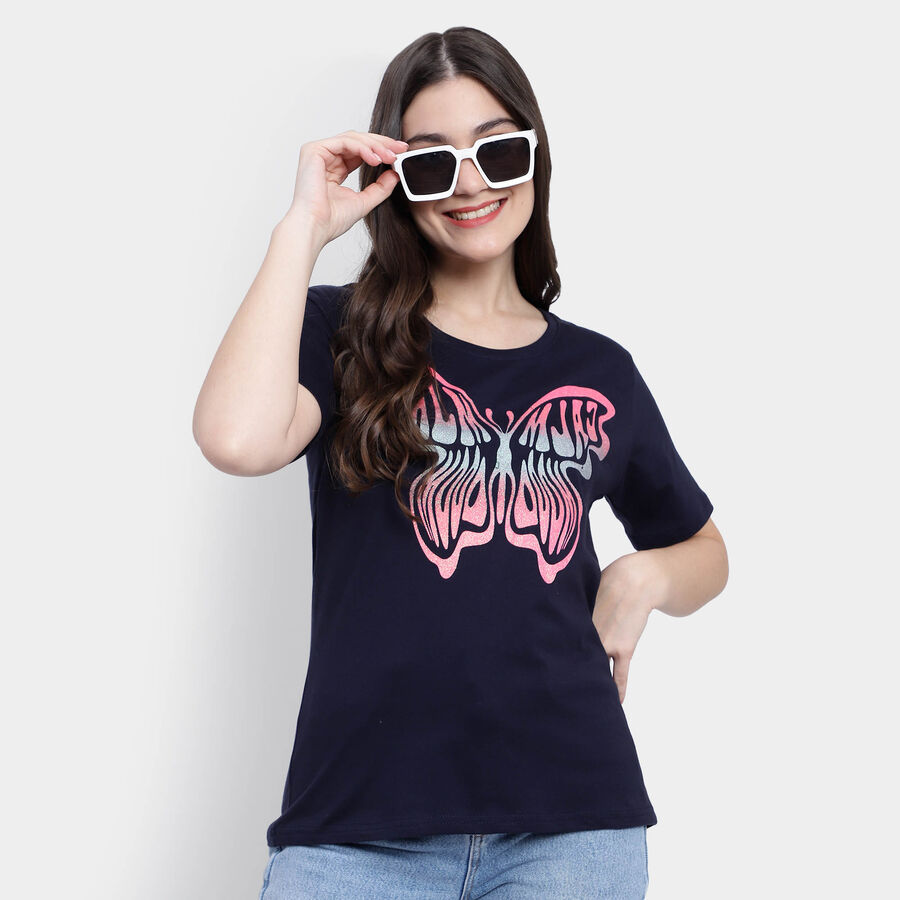 Cotton Solid Round Neck T-Shirt, Navy Blue, large image number null