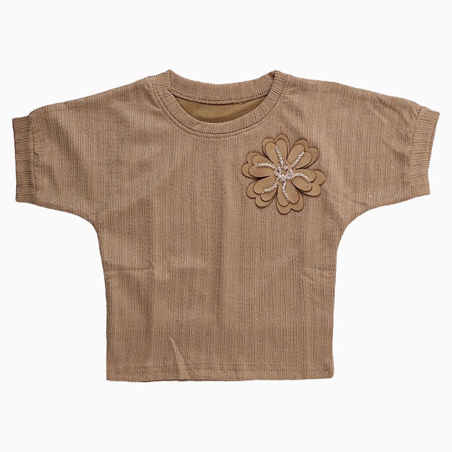 Girls' Muted Earthy Brown Crew Neck Romantic T-Shirt, Brown, large