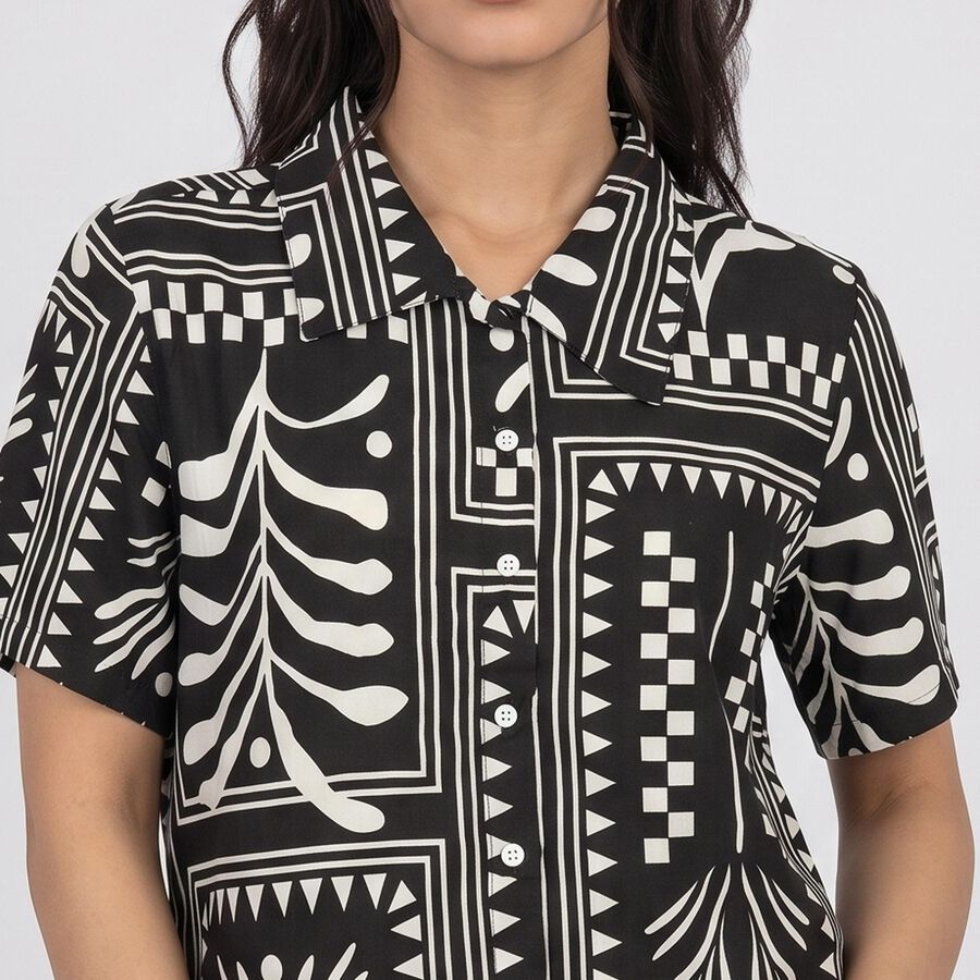 Women's Black Printed Spread Collar Shirt, काला, large