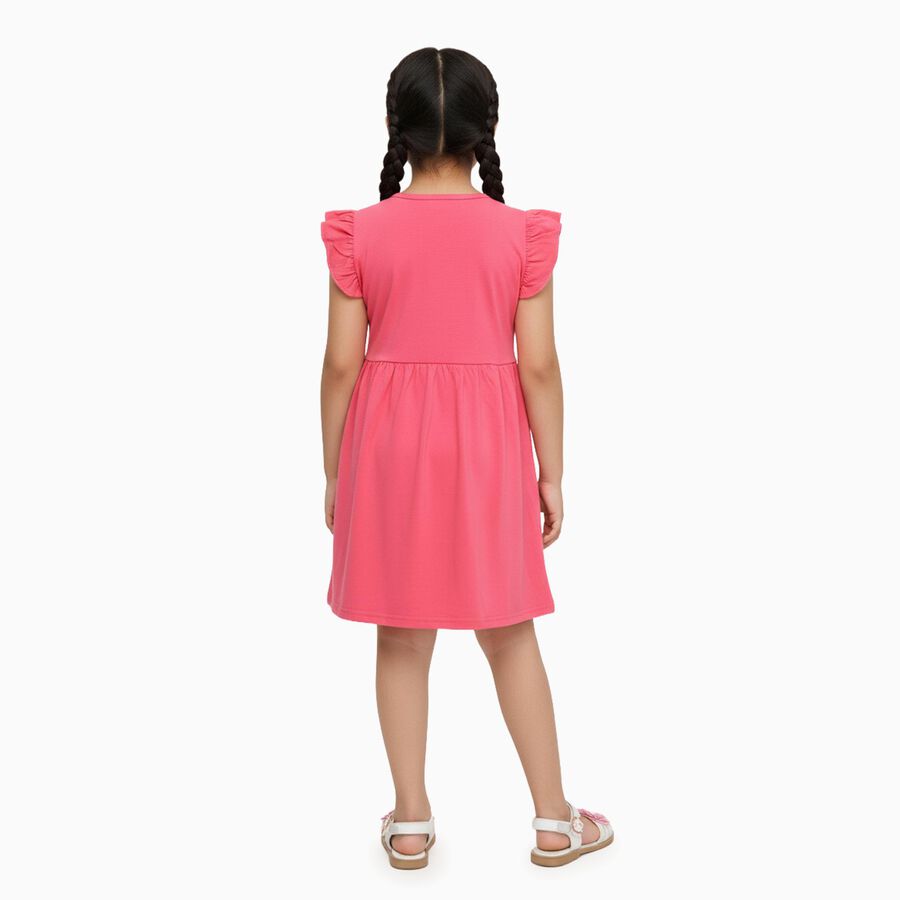 Girls' Bright Coral Pink Ruffle Sleeve Bow Detail Frock, Pink, large