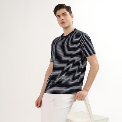 Men's Navy Blue Round Neck Striped T-Shirt