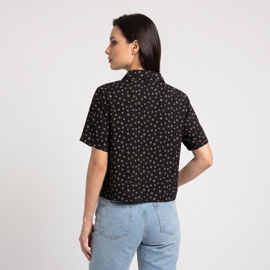 Women Black Floral Camp Collar Shirt, Black, large