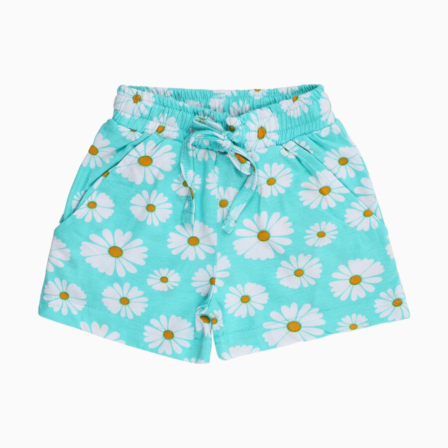 Girls' Bright Aqua Daisy Print Cotton Blend Shorts, एक्वा, large