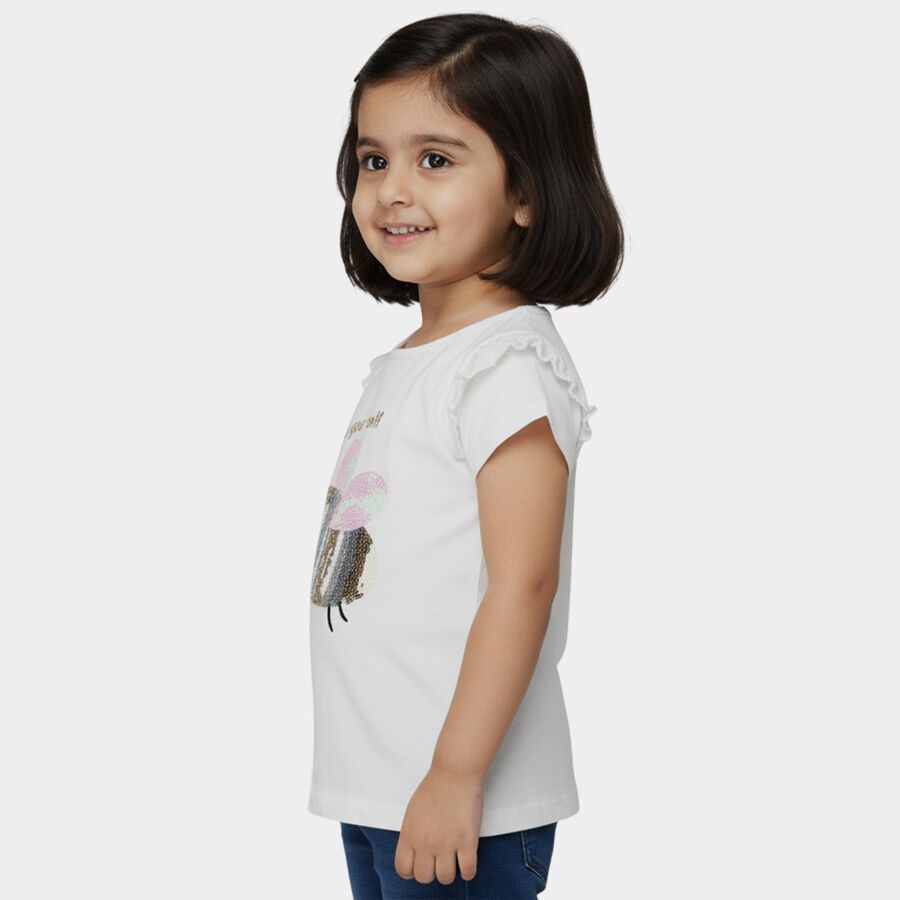Girls' White Cotton Round Neck Casual T-Shirt, सफ़ेद, large