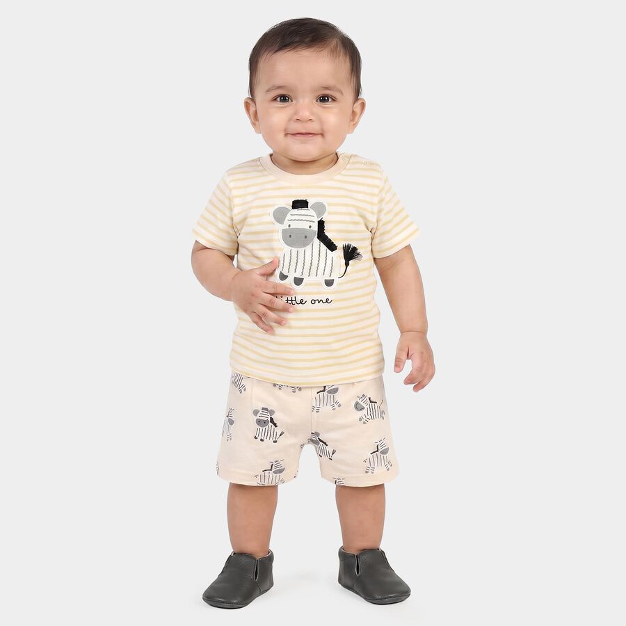 Infants' Beige 100% Cotton Round Neck Zebra Printed Baba Suit, Beige, large