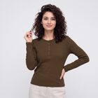 Women Olive Green Cotton Blend Round Neck Regular Top, ओलिव, small