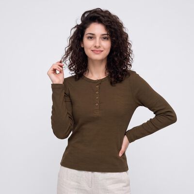 Women Olive Green Cotton Blend Round Neck Regular Top